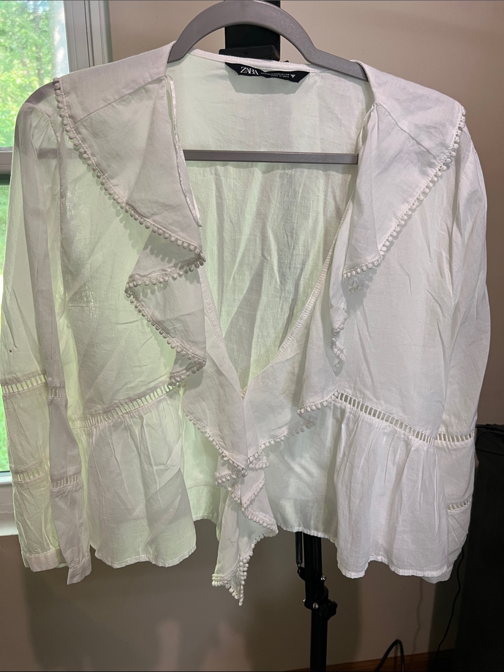 Zara White Pom-Pom Trim Ruffled Cotton Blouse